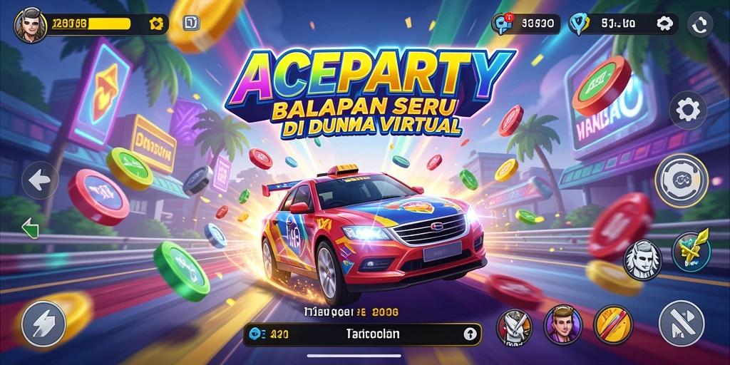 Tangkapan layar permainan ACEPARTY menampilkan mobil balap meluncur cepat di lintasan.