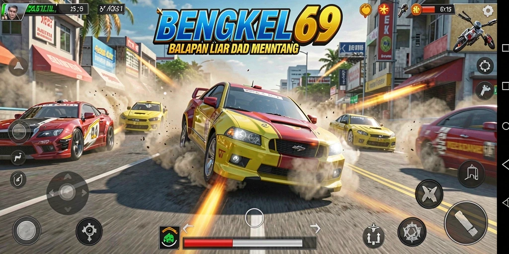 Gameplay BENGKEL69 yang seru dengan balapan menegangkan.