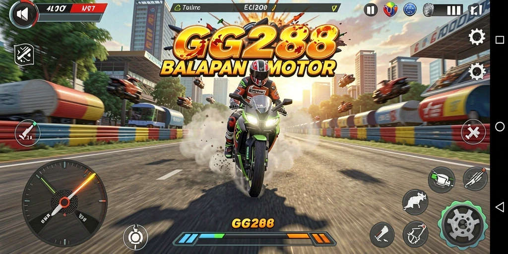 Screenshot GG288 menampilkan aksi balapan yang mendebarkan dan sepeda motor yang stylish.