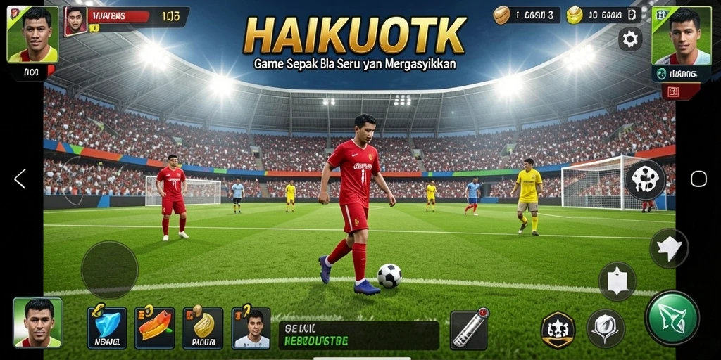 Screenshot utama HAIKUOTK menunjukkan aksi seru dalam pertandingan sepak bola.