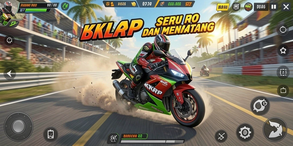 Tampilan gameplay <strong>KKRP</strong> menunjukkan serunya balapan motor di lintasan yang beragam.
