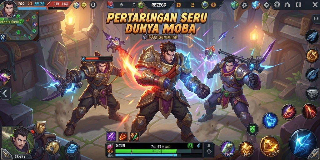 Screenshot gameplay intens REZEGO di arena MOBA.