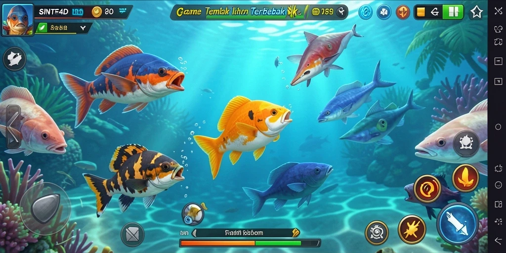 Tampilan gameplay menarik dari SINTE4D dengan banyak ikan untuk ditangkap.