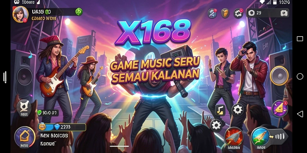 Tampilan gameplay X168 dengan berbagai pilihan lagu musik.